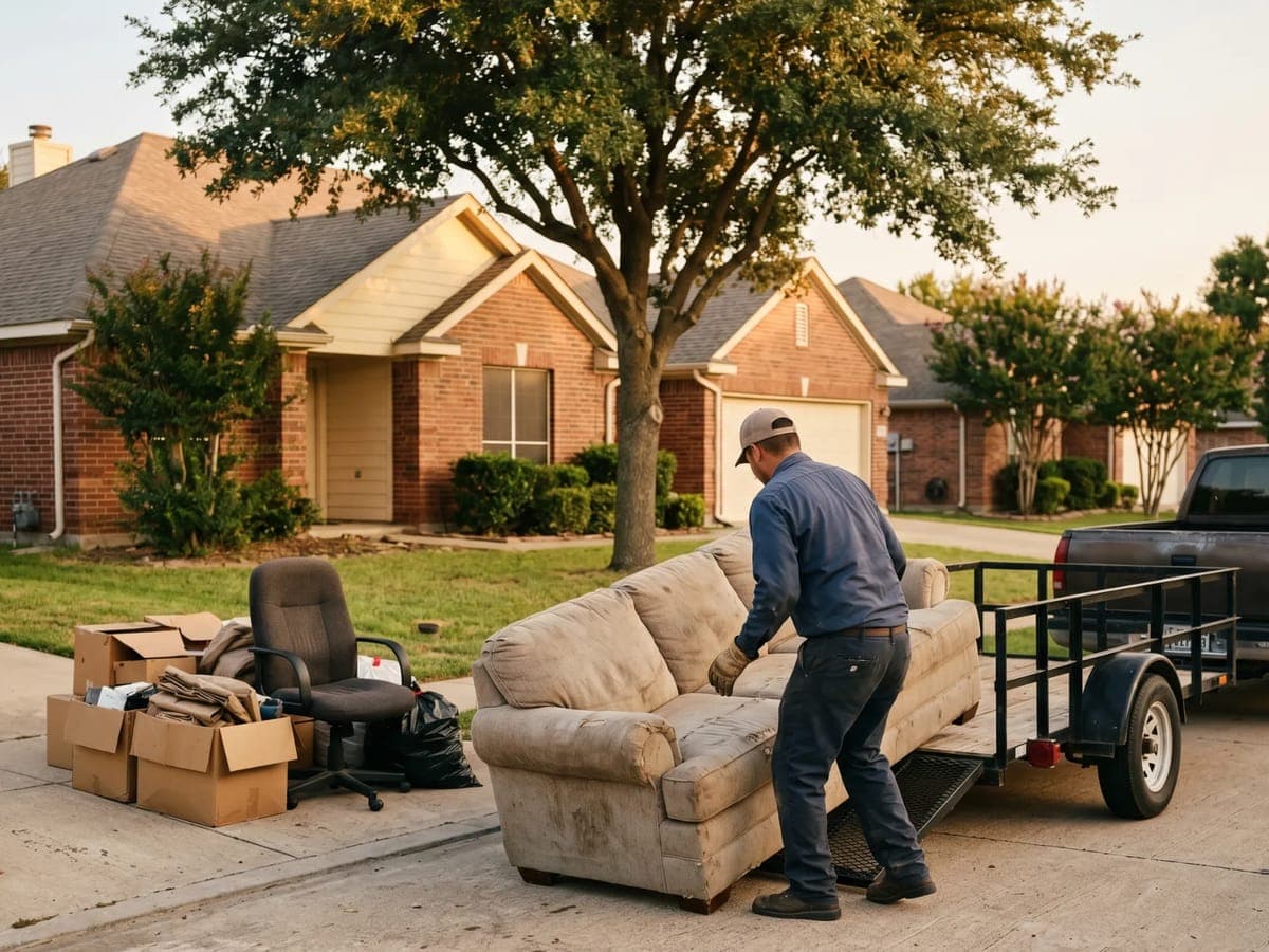 A junk removal pro loading an old couch from a suburban Houston driveway into a hauling trailer
